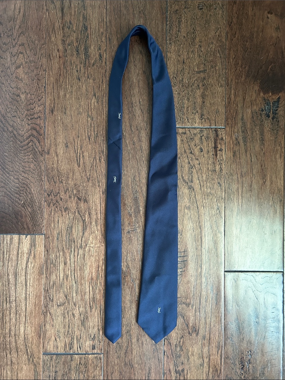 Men's Navy YSL Silk Tie with Subtle Logo